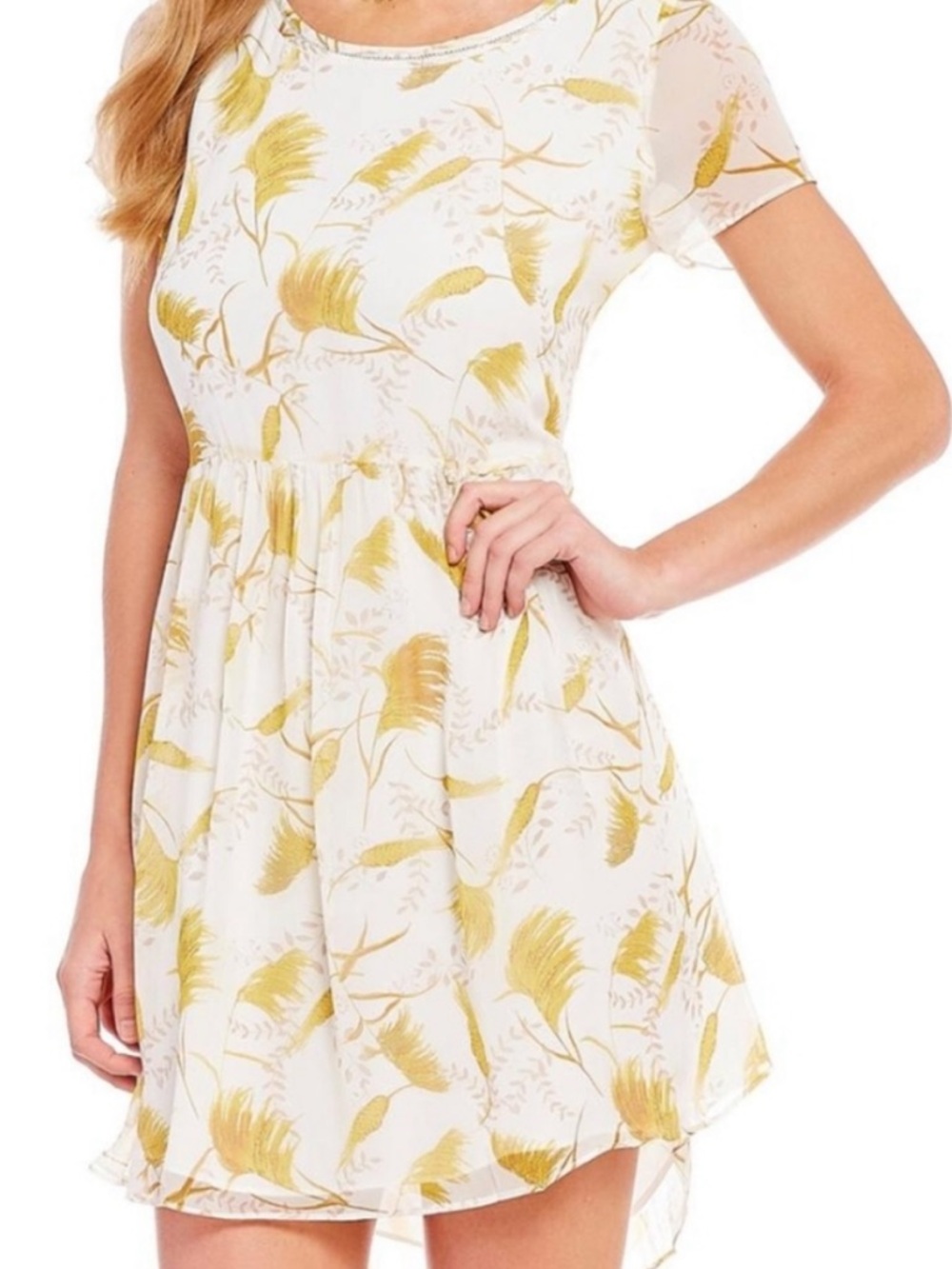 A Loves A Novelty Wheat Print Silk Mini Dress scoop neckline Size S Small